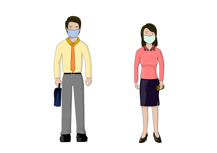 a man and a woman wearing face masks, an illustration of, neo-figurative, wearing business casual dress, on black background, full color illustration, scientists