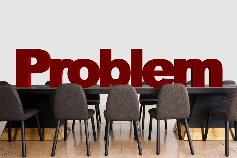 a table with chairs and a sign that says problem, header, edited in photoshop, very coherent image, clean background