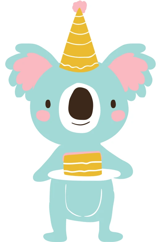 a cartoon koala bear wearing a birthday hat, a pastel, by Yuko Tatsushima, shutterstock, flat illustration, eating cakes, cyan and gold scheme, kewpie mayonnaise