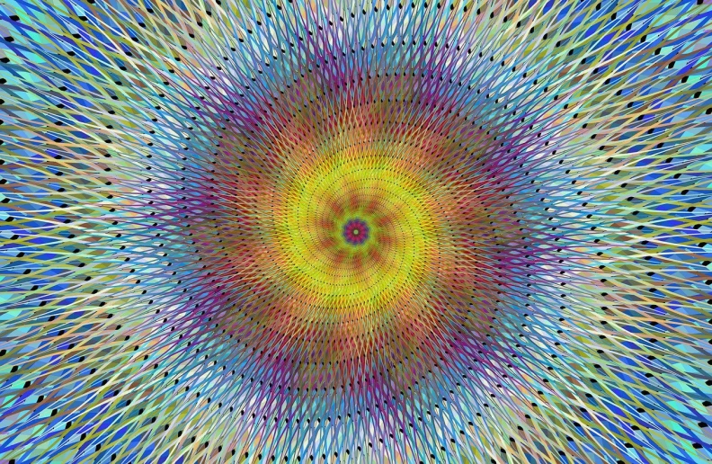 a multicolored image of a circular design, a digital rendering, inspired by Gabriel Dawe, flickr, generative art, fractal of scary dirac equations, pattern with optical illusion, while tripping on dmt, full of colour 8-w 1024