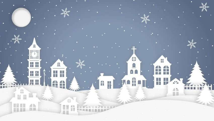 a paper cut of a town with a clock tower, an illustration of, inspired by Ernest William Christmas, shutterstock, white houses, ground covered with snow, on simple background, without background