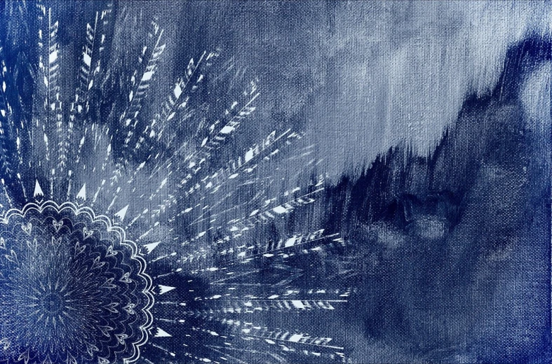 a close up of a painting of a flower, a detailed painting, inspired by Hermann Rüdisühli, metaphysical painting, cyanotype, with radiating hill, snowfall at night, intricate charcoal illustration