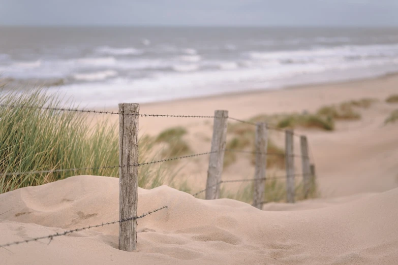 a wooden fence sitting on top of a sandy beach, a picture, by Etienne Delessert, pexels, figuration libre, midlands, windswept, 4 k, in muted colours