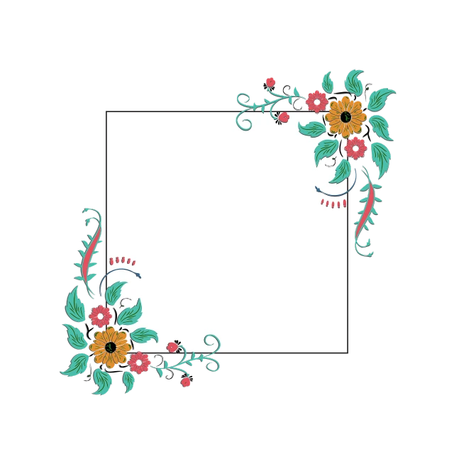 a floral frame on a black background, a digital painting, inspired by Hanabusa Itchō, square, kalighat flowers, design on a white background, tilted frame