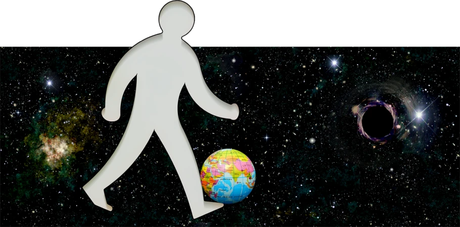 a man that is standing next to a ball, an illustration of, trending on pixabay, excessivism, earth in space, the walking man, full body close-up shot, walking to the right