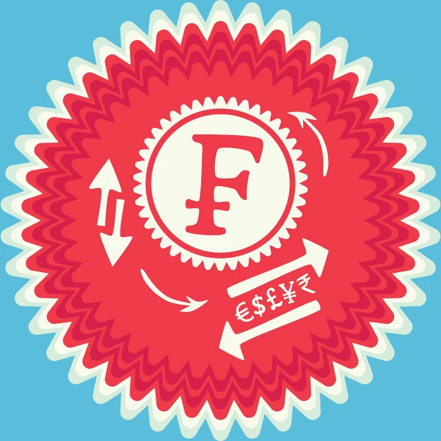 a red and white sticker with the letter f on it, a screenshot, by Scott M. Fischer, behance contest winner, fluxus, cogwheel, style of shepherd fairey, currency symbols printed, forcefield