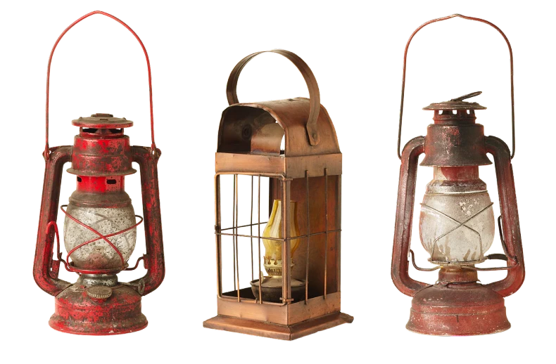 three old lanterns sitting next to each other, a digital rendering, by Robert Childress, three views, reddish lighting, miniature, burned