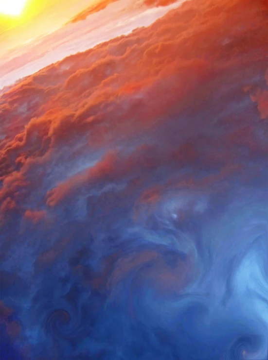 an orange and blue swirl in the sky, a picture, inspired by jessica rossier, space art, hurricane stromy clouds, mars aerial photography, blue and white and red mist, dusk on jupiter