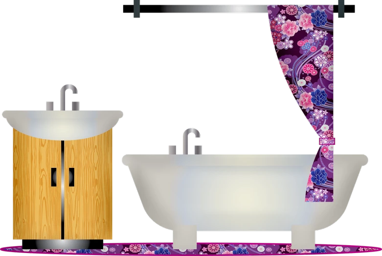 a bathroom with two sinks and a bathtub, a digital rendering, inspired by Shūbun Tenshō, pixabay contest winner, art nouveau, purple drapery, on black background, flower power, transparent background