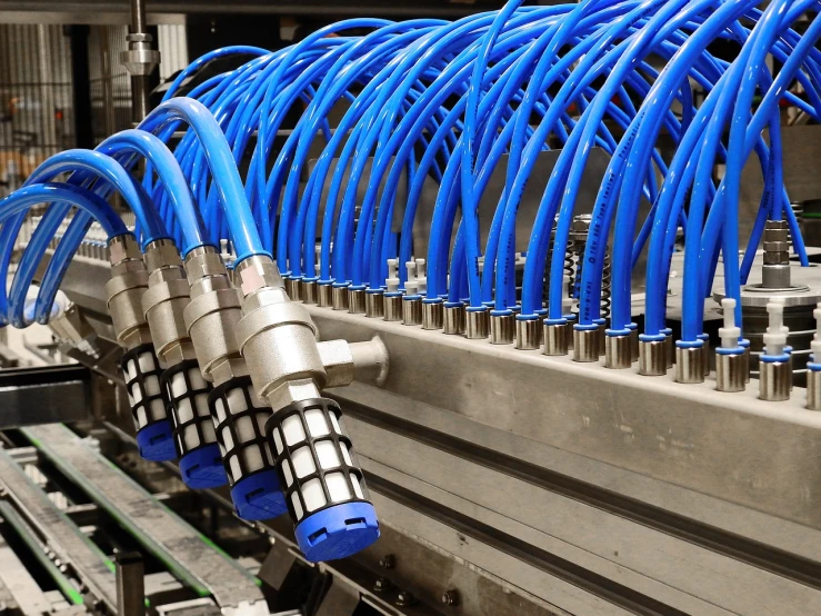 a bunch of blue hoses connected to a machine, shutterstock, detailed factory, inputs, celebration, creamy