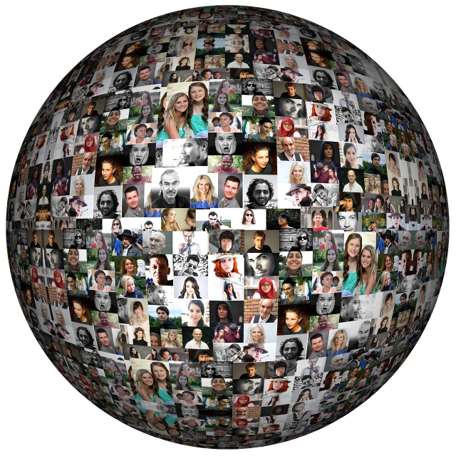 a sphere with many pictures of people on it, digital art, on black background, advertising photo, portlet photo, no blur