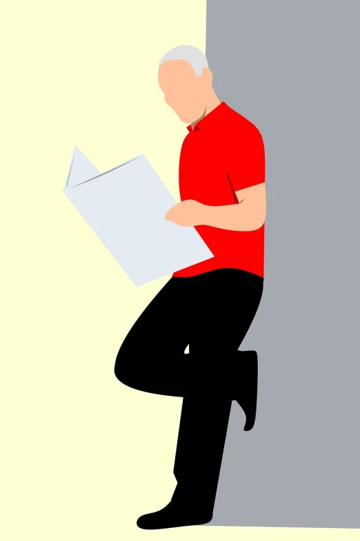 a man sitting down reading a piece of paper, an illustration of, trending on pixabay, figuration libre, red and grey only, different full body view, sharp focus illustration, young man with short