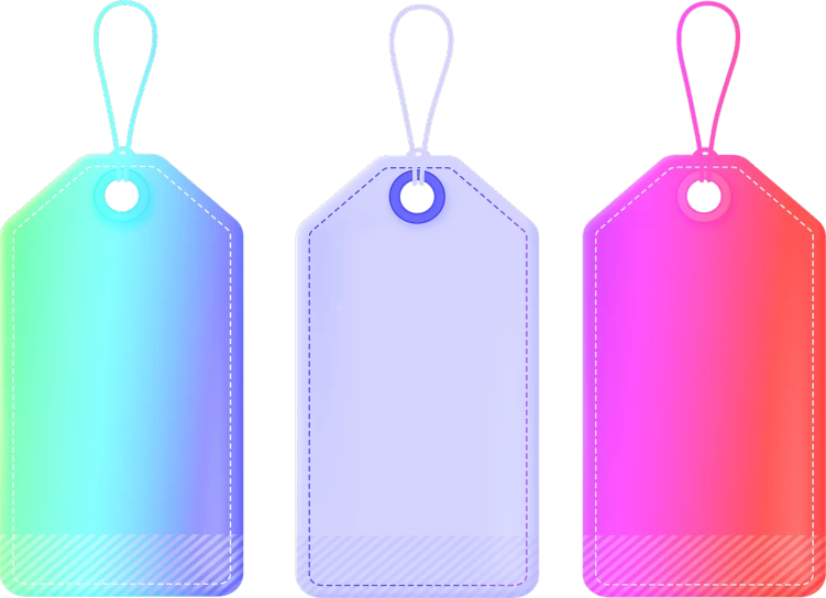three colorful tags on a black background, trending on pixabay, purple and blue leather, clip art, light color, colored screentone