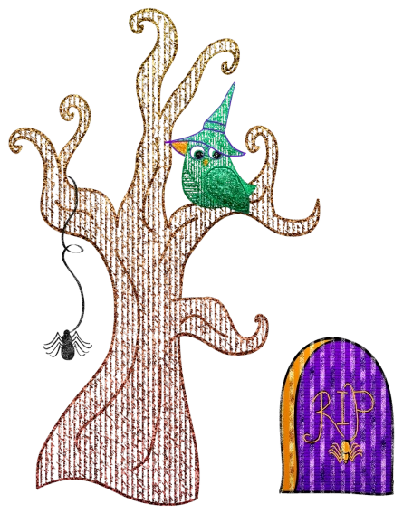 a witch hat sitting on top of a tree, a digital rendering, inspired by Samuel Hieronymus Grimm, glitter gif, alebrijes aesthetic, mage robe based on a toucan, trick or treat