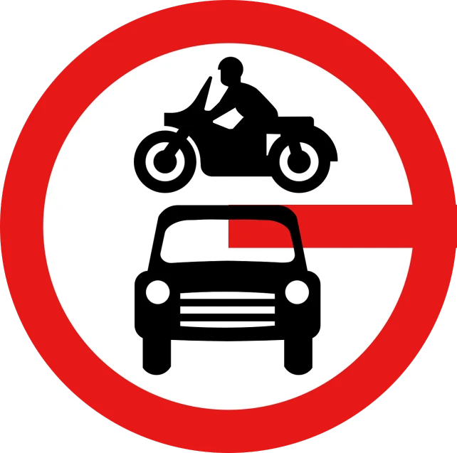 a red and white sign with a motorcycle on top of a car, by Zoran Mušič, pixabay, conceptual art, vector based, forbidden, car jump, dhaka traffic