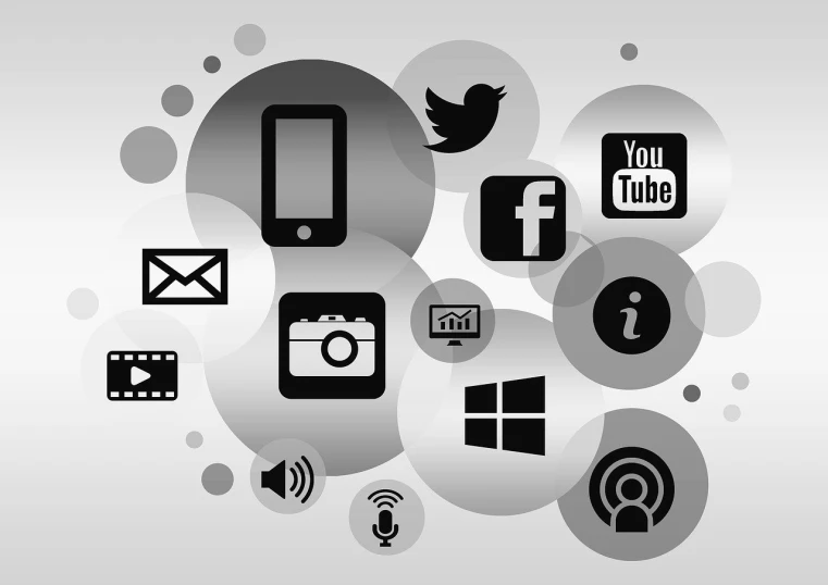 a bunch of black and white icons on a gray background, a digital rendering, by Kurt Roesch, pixabay, in front of the internet, advertising photo, circle, phone