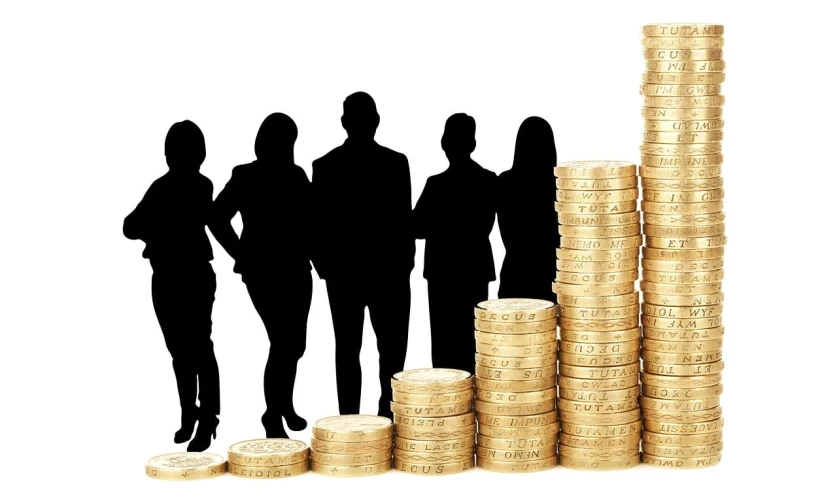 a group of people standing next to stacks of coins, trending on pixabay, arbeitsrat für kunst, outlined silhouettes, rich in details, corporate photo, shiny gold