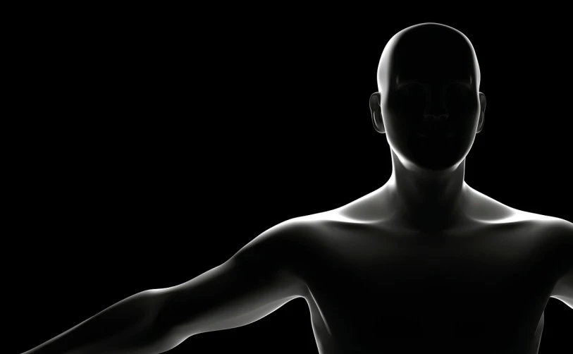 a man standing in front of a black background, a raytraced image, inspired by Robert Mapplethorpe, digital art, webgl render, sunlight filtering through skin, quality astral projection render, dark. no text