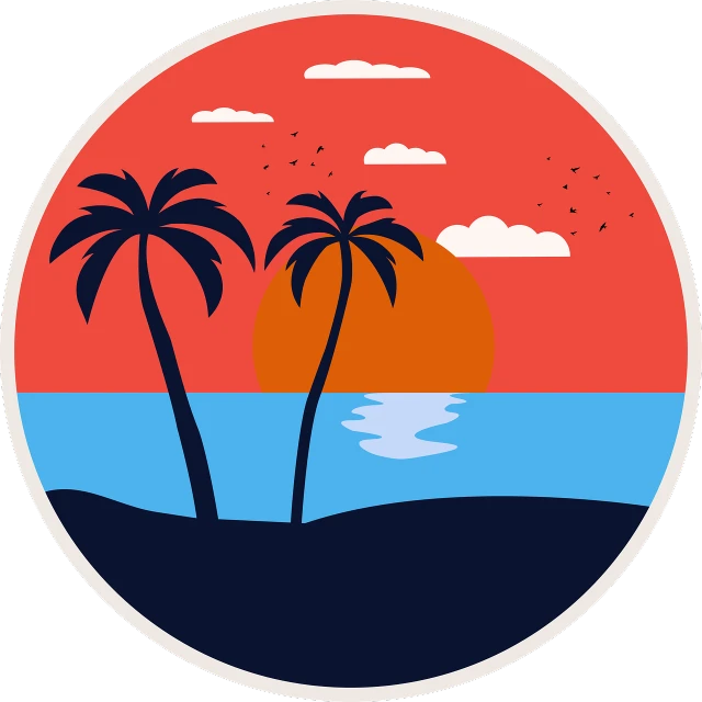 a couple of palm trees sitting on top of a beach, vector art, circle, shoulder patch design, which shows a beach at sunset, bird view
