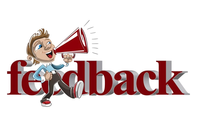 a man holding a megaphone in front of the word feedback, an illustration of, inspired by John Backderf, trending on pixabay, happening, his back is turned, goodnight, redundancy, stock photo