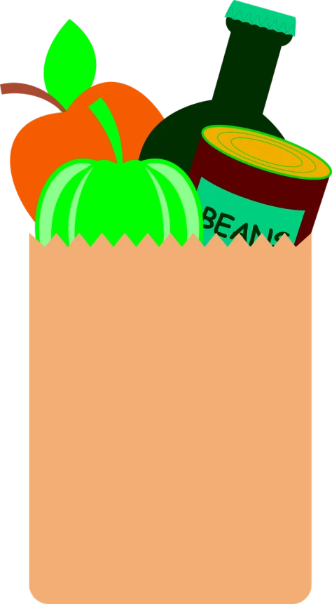 a paper bag filled with fruit and vegetables, a screenshot, inspired by Heinz Anger, pixabay, pop art, picking up a can beans, green and orange theme, black main color, blank background