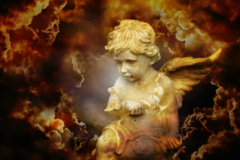 a close up of a statue of a child, a statue, by Cindy Wright, baroque, hell background, burning wings, cloud, enhanced photo