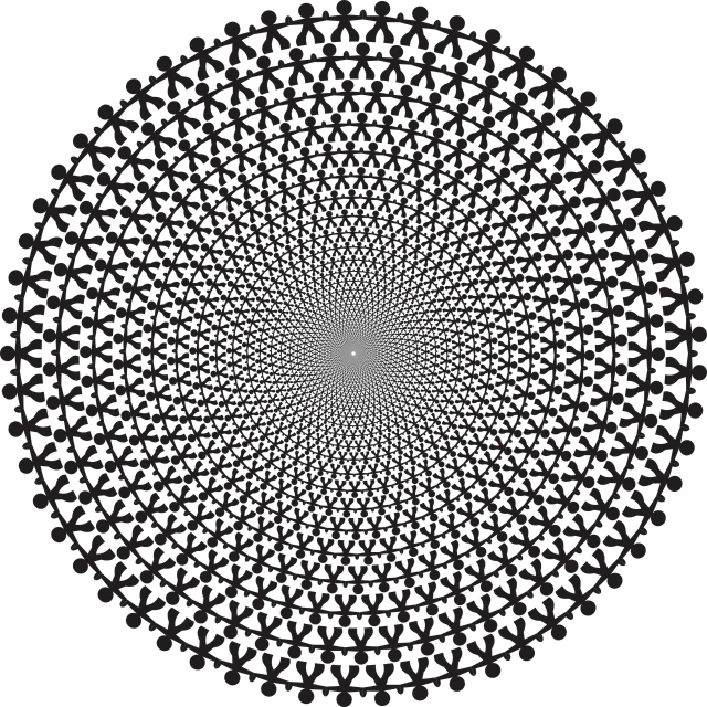 a circular pattern of people holding hands, a raytraced image, inspired by Benoit B. Mandelbrot, generative art, black on black. intricate, yantra, lattice, sharp focus vector centered