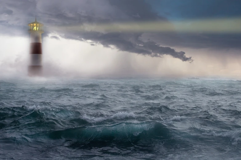 a lighthouse in the middle of a stormy ocean, a matte painting, shutterstock, panorama, istockphoto, well edited, flooding