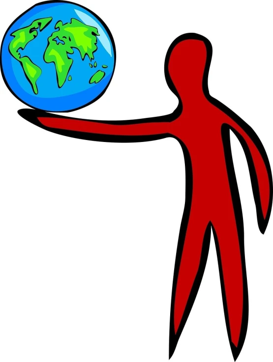 a man holding a globe in his hand, by Robert Gavin, excessivism, stick figure, red body suit, smooth illustration, full color illustration