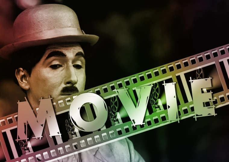 a man with a hat and mustache holding a movie sign, a colorized photo, inspired by Vilmos Aba-Novák, pixabay, charlie chaplin dancing, in a cinematic wallpaper, cinematic view from lower angle, highlight scene of the movie
