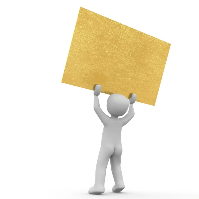 a person holding a sign above their head, by Andries Stock, trending on pixabay, conceptual art, golden smooth material, 100lb cardstock, background is white, carrying a tray