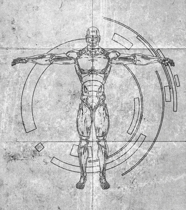 a drawing of a man standing in a circle, a hologram, inspired by Rob Liefeld, pixabay, scratched. biomechanical cyborg, architecture blueprint copy, bodybuilder physique, gray anthropomorphic