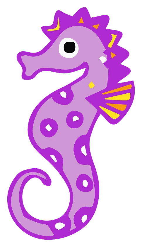 a purple seahorse on a black background, concept art, inspired by Lisa Frank, mingei, made in paint tool sai2, cute:2, cartoon image, family photo