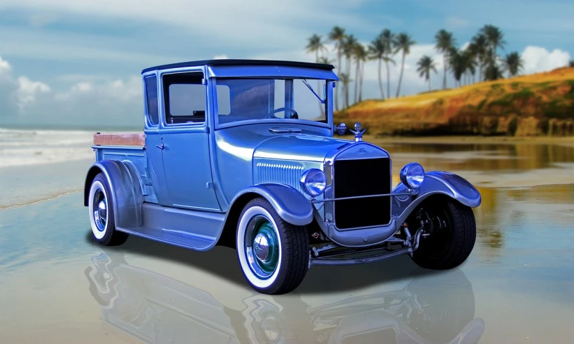 a blue truck sitting on top of a sandy beach, a digital rendering, inspired by James Gurney, pixabay contest winner, photorealism, ford model t, 1920s gaudy color, pristine and clean, front profile shot