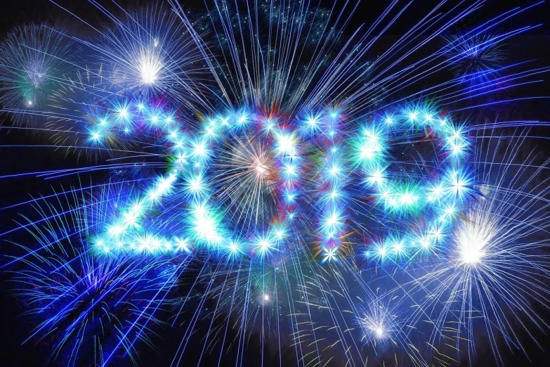 fireworks light up the night sky to spell out the new year, a portrait, 2 0 1 9, istockphoto, with glowing blue lights, a new