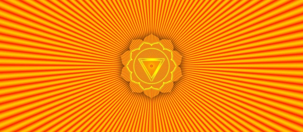 a golden chakrai symbol on an orange background, vector art, inspired by Alex Grey, pexels, yellow aura, in triangular formation, yellow background beam, 7 0 s photo