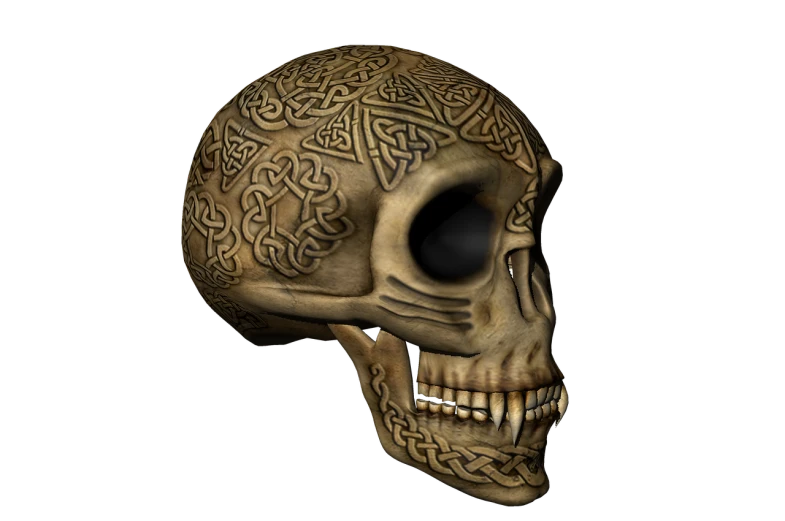 a close up of a skull on a black background, a digital rendering, inspired by Muirhead Bone, digital art, 3 d celtic knot, high res render, aztec, high detailed photo