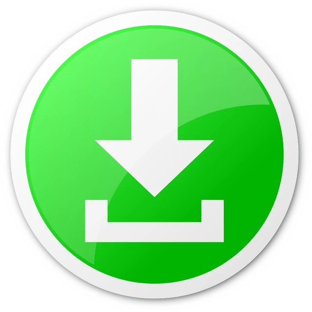 a green button with a white arrow down, a digital rendering, pixabay, government archive, very long, installation, mark miner