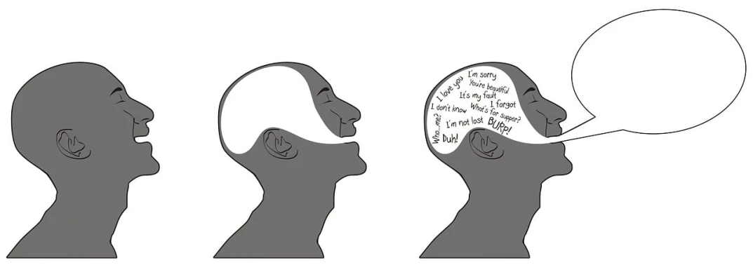 a drawing of a man with a speech bubble above his head, a cartoon, by Pamphilus, tumblr, conceptual art, facing each other, mental health, reflection, closed mouth