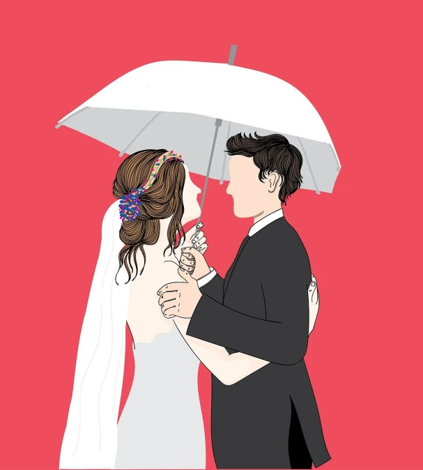 a bride and groom standing under an umbrella, vector art, romanticism, in red background, portrait illustration, wip, right side composition