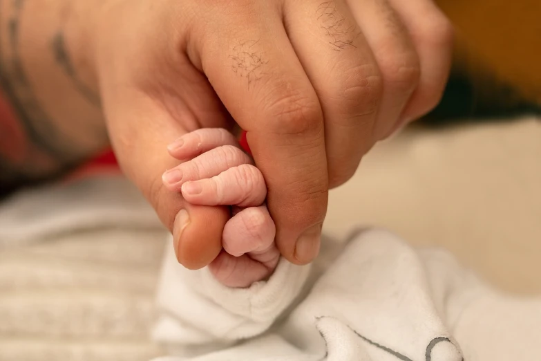 a close up of a person holding a baby's hand, a stock photo, by Alexander Brook, shutterstock, incoherents, fetus, small man, multiple details, carefully crafted