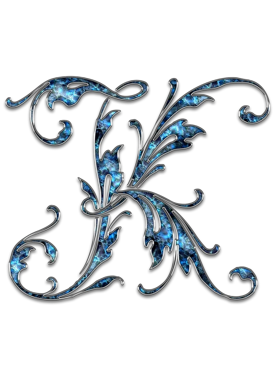 a blue and silver letter k on a black background, a digital rendering, art nouveau, fractal blue leaves, flowers. baroque elements, tiffany style, intricate galaxy inlay