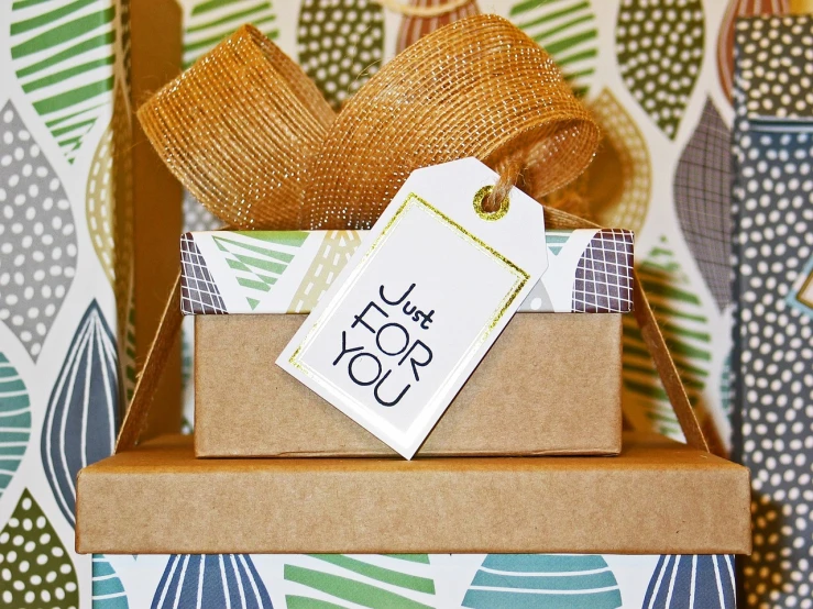 a gift box with a tag on top of it, a picture, by Matija Jama, pixabay, mail art, birthday wrapped presents, jen yoon, modern setting, closeup photo