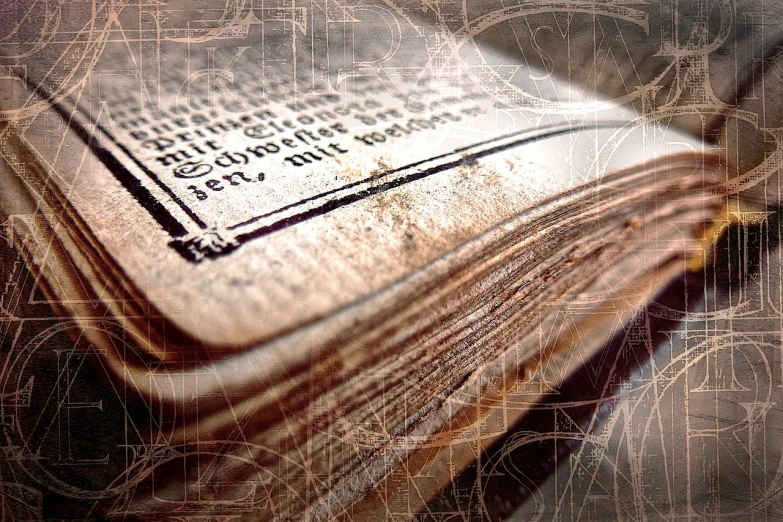 an old book sitting on top of a table, a digital rendering, by Stefan Lochner, header, very closeup, with lots of details, header text”