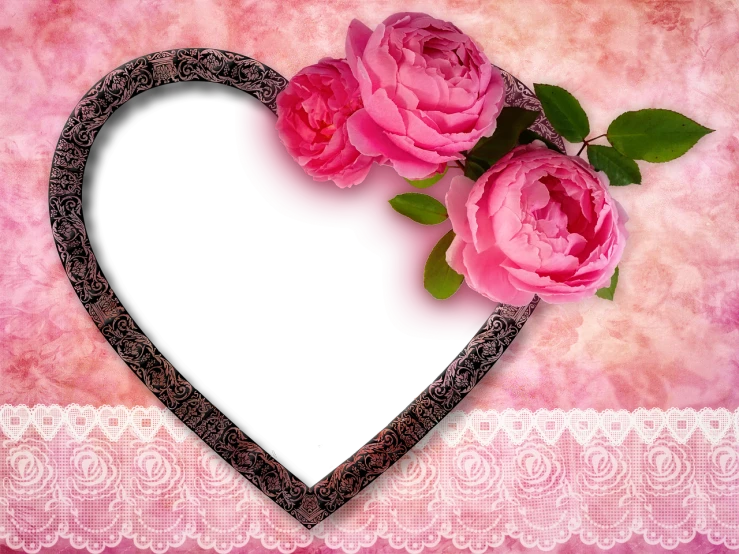 a picture frame in the shape of a heart with pink roses, a picture, inspired by Cindy Wright, pixabay contest winner, romanticism, black peonies, floral lacework, scrapbook, sandra chevier
