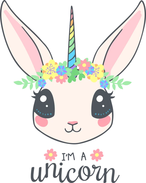 a cute bunny with a flower crown on its head, a cartoon, inspired by Kanbun Master, shutterstock contest winner, sōsaku hanga, black background!!!!!, unicorn horn, background image, shirt design