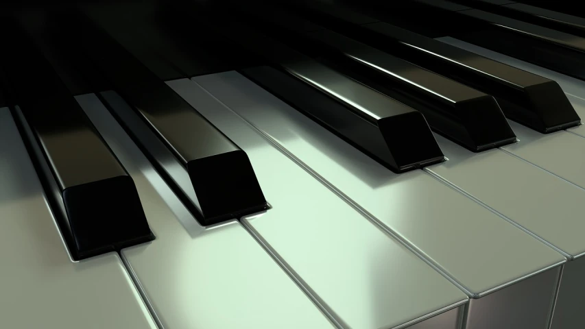 a close up of the keys of a piano, a 3D render, by Paul Davis, pixabay, hyperrealistic shaded, glossy surface, 3 d render even lit, three fourths view