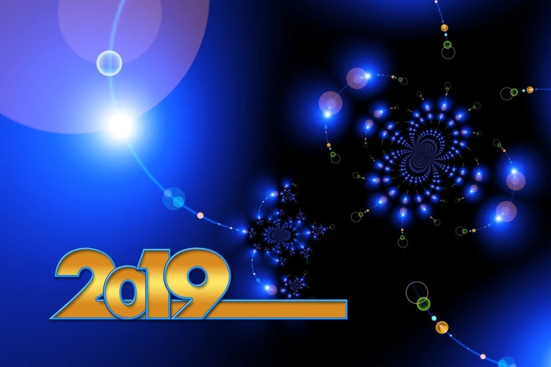 the new year is coming up and it's time to start, digital art, dark blue spheres fly around, graphics $ 9 9 call now, space backround, in style of digital illustration