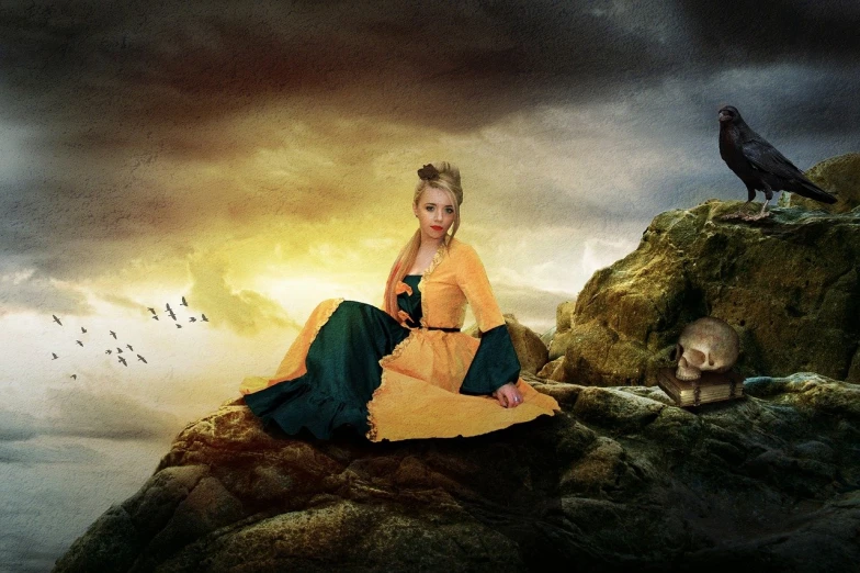 a woman sitting on top of a rock next to a bird, digital art, inspired by Tom Chambers, yellow robes, young blonde woman, fairy tale style background, photo - manipulation