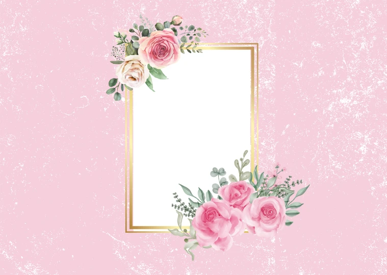 a pink background with flowers and a gold frame, shutterstock, full card design, square sticker, pink rose, background image